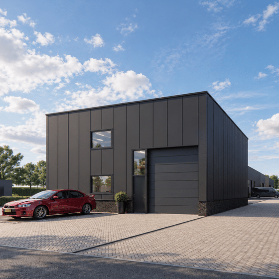 Moderne bedrijfsunit met overheaddeur en parkeerplaats op Business Park De Verbinding in Sint-Maartensdijk